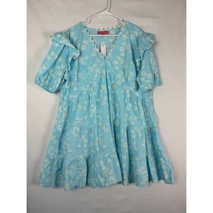 NWT Simply Southern RicRac Dress Womens XL Ruffle Floral Short Sleeve Blue Sprin